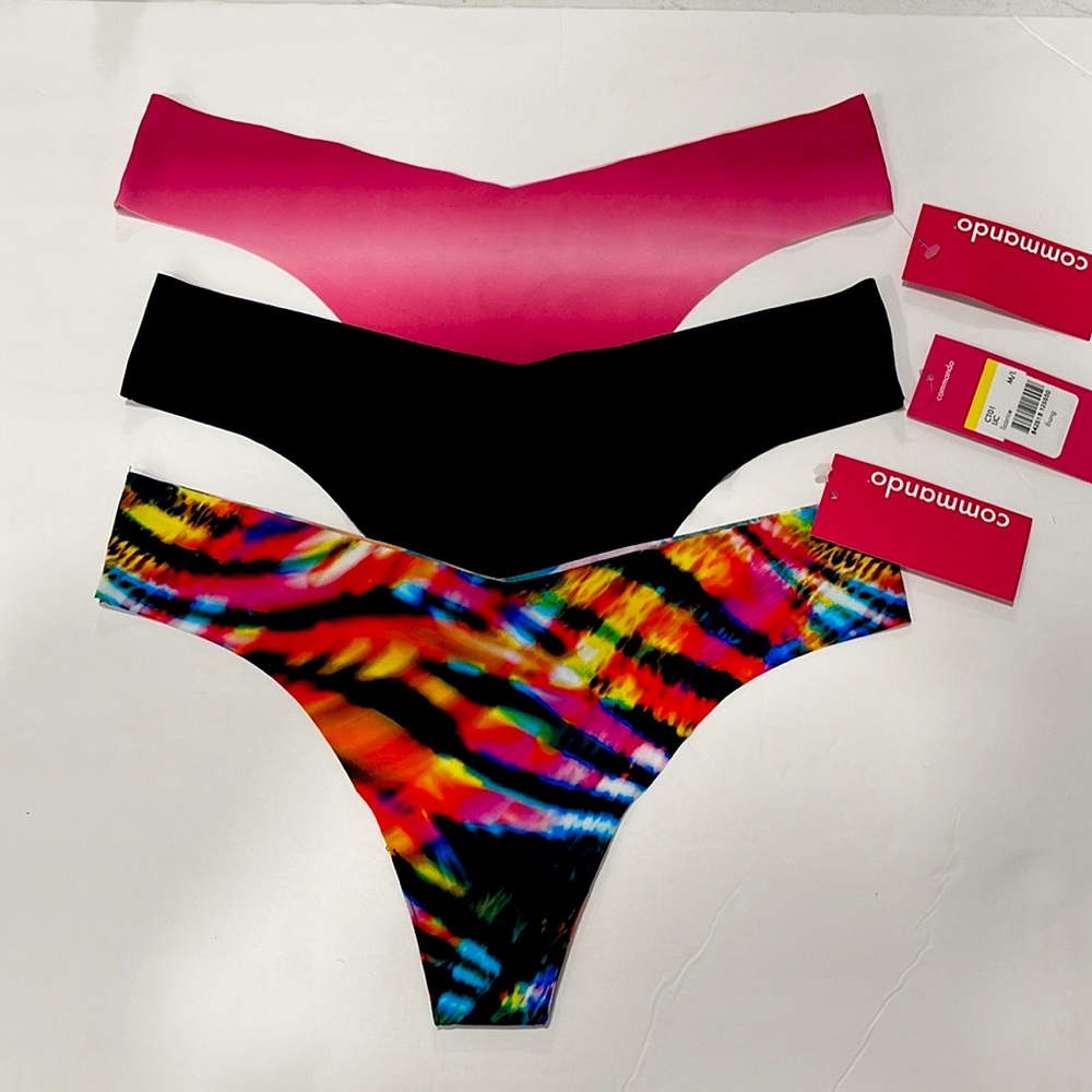New Commando Ombré Thong Panties: Hot Pink, Black, and Tie-Dye Rainbow colours